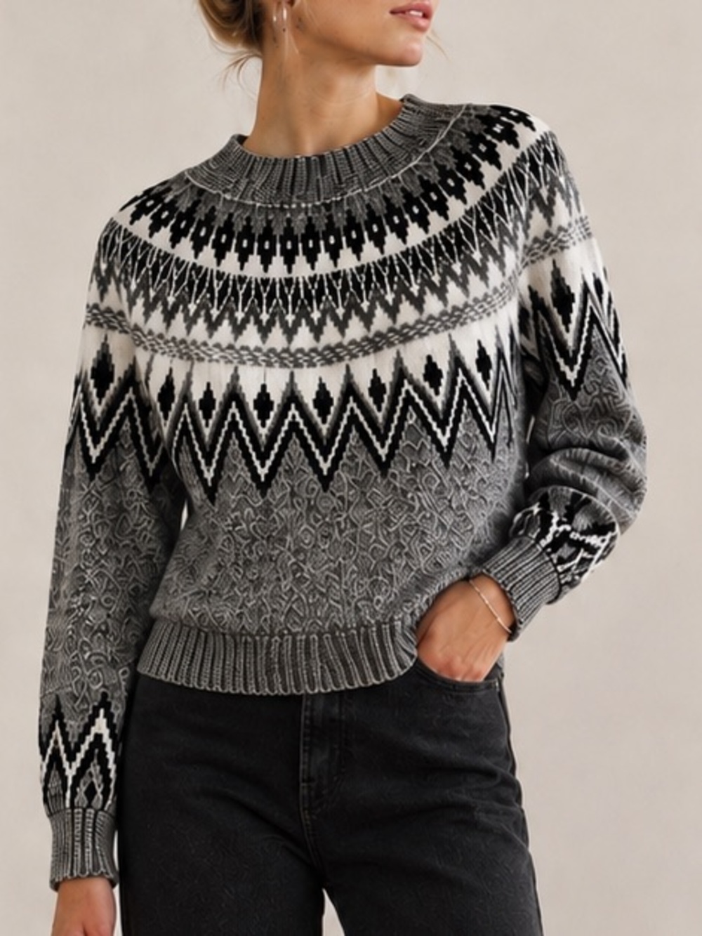 Old Navy Cabin Core Granola Chic Mock-Neck Fair Isle Cropped Sweater, Size Large